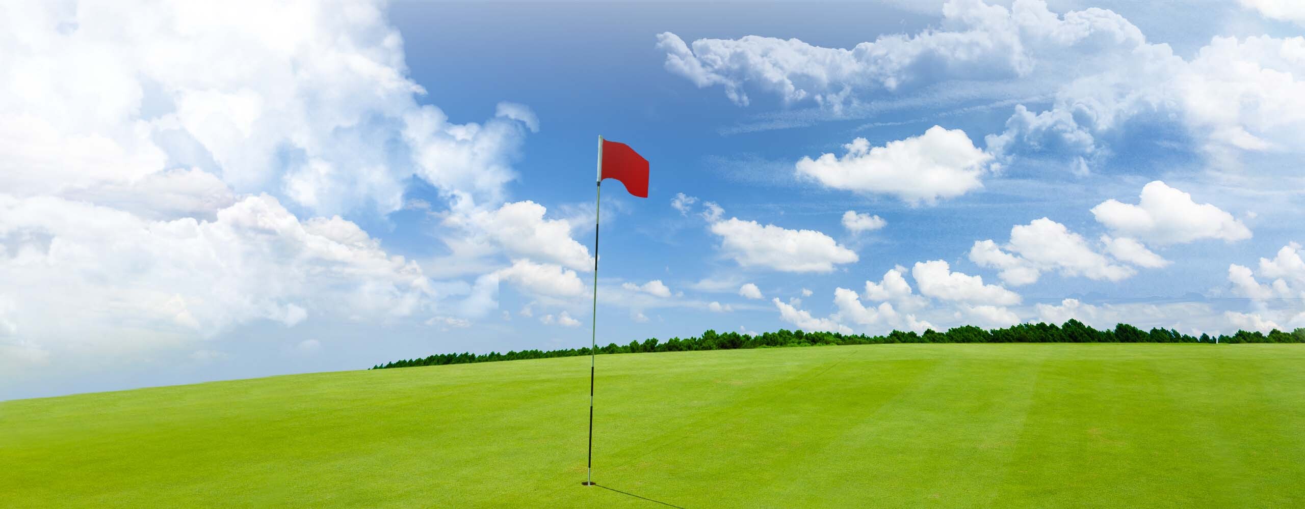 Red flagstick on lush golf green under clouds